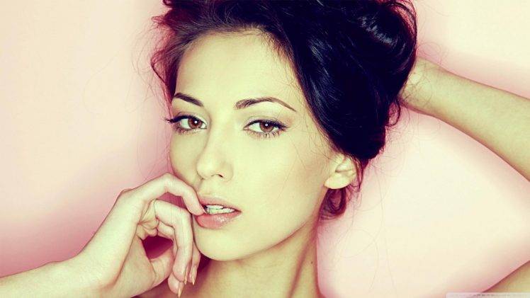 women anna sbitnaya closeup face brunette hazel eyes sensual gaze HD Wallpaper Desktop Background
