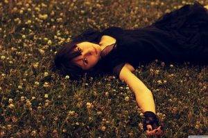women rose flowers lying down women outdoors filter black dress brunette