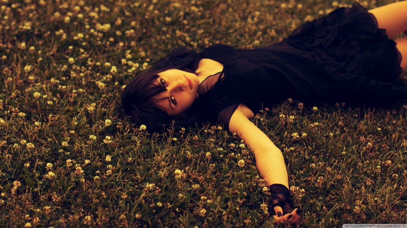 women rose flowers lying down women outdoors filter black dress brunette Wallpaper