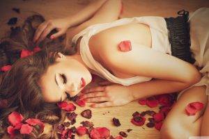 women rose flowers brunette lying down white dress closed eyes long hair petals