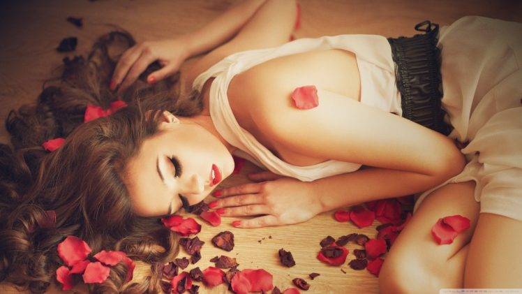 women rose flowers brunette lying down white dress closed eyes long hair petals HD Wallpaper Desktop Background