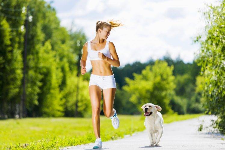 women fitness model blonde women outdoors dog running gym clothes sports bra HD Wallpaper Desktop Background