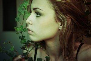 women model face open mouth long hair brunette green eyes piercing plants