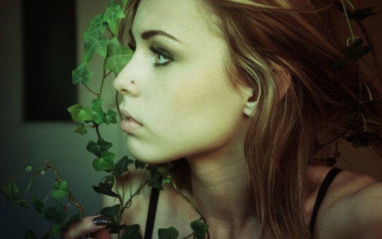 women model face open mouth long hair brunette green eyes piercing plants HD Wallpaper Desktop Background