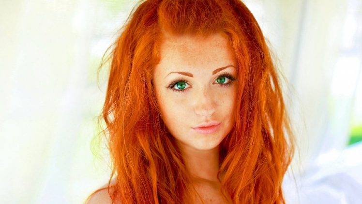 women model redhead long hair freckles portrait green eyes simple background HD Wallpaper Desktop Background