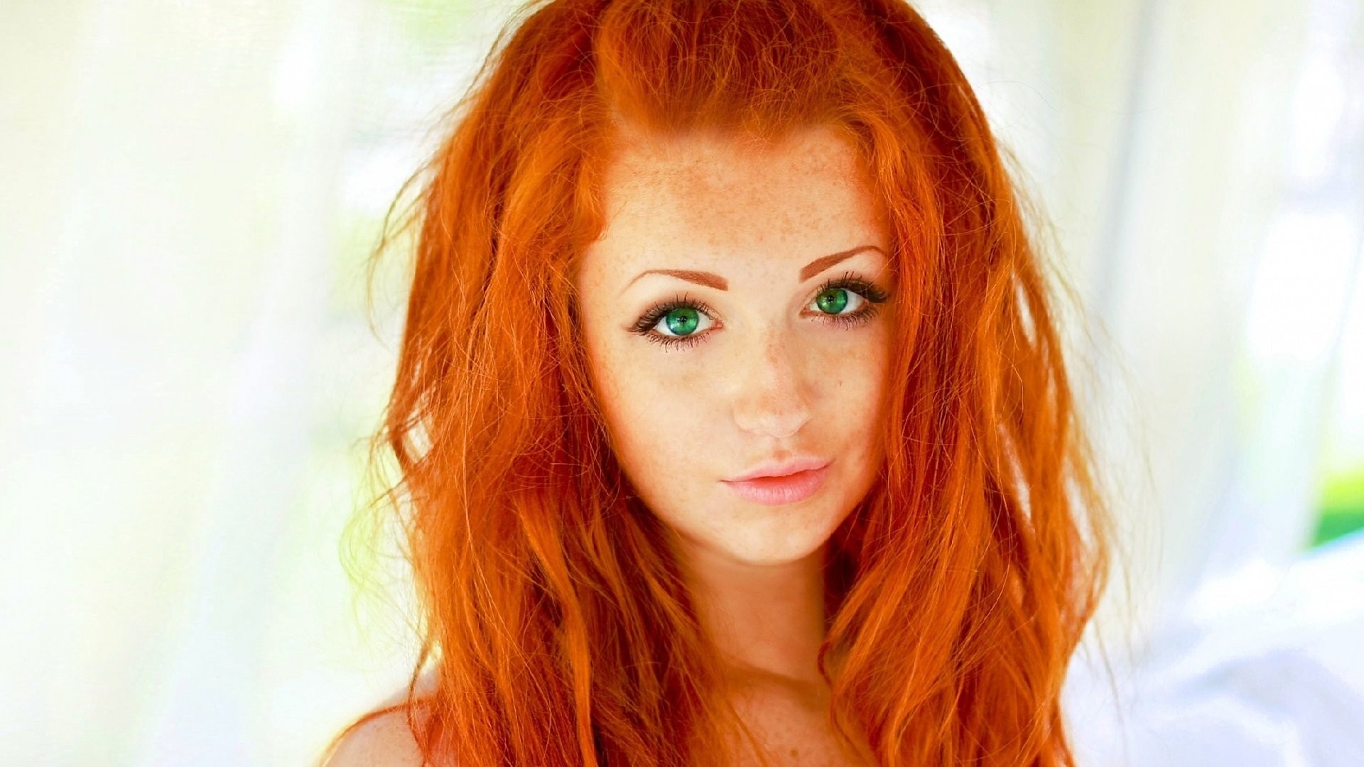 women model redhead long hair freckles portrait green eyes simple background Wallpaper