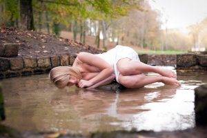 women model blonde long hair white dress barefoot women outdoors water trees