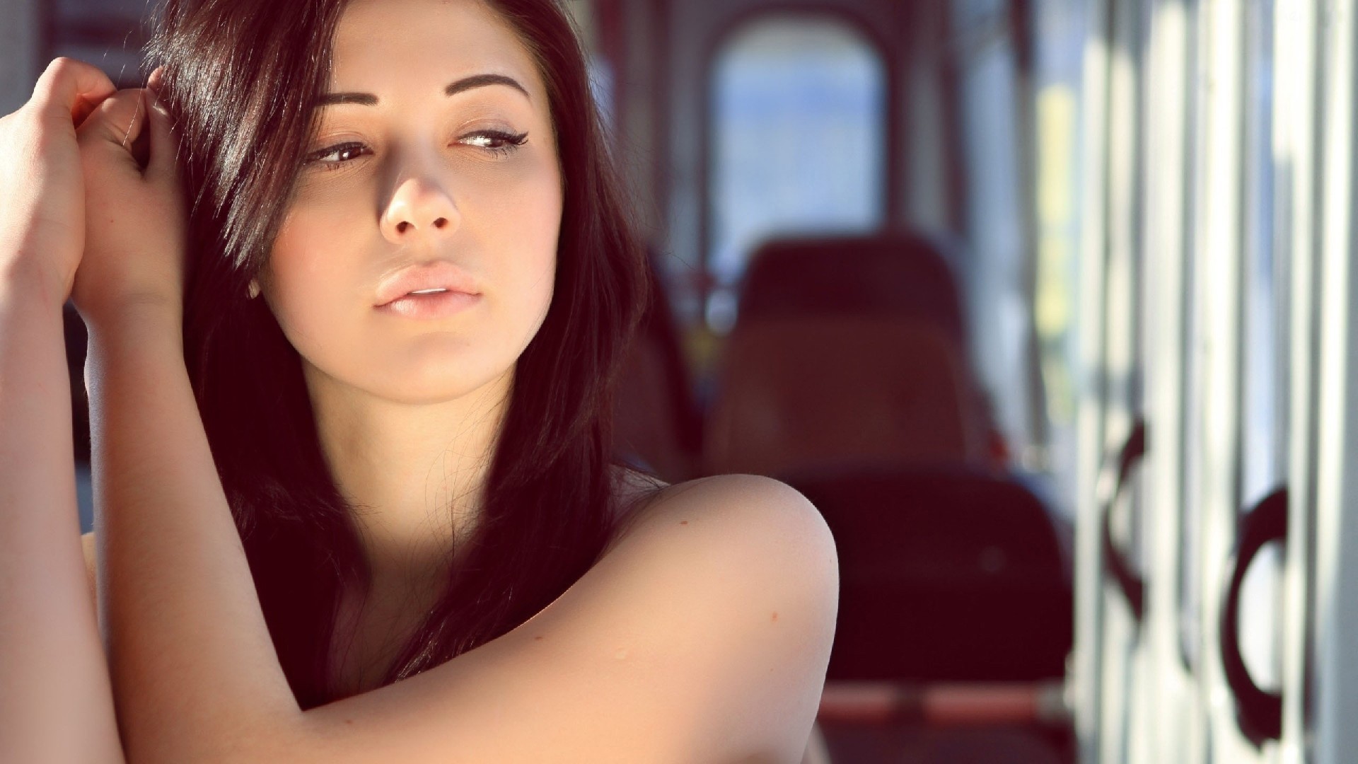 women model brunette long hair face indoors open mouth Wallpaper