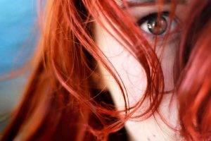 women model redhead face blue eyes closeup long hair depth of field
