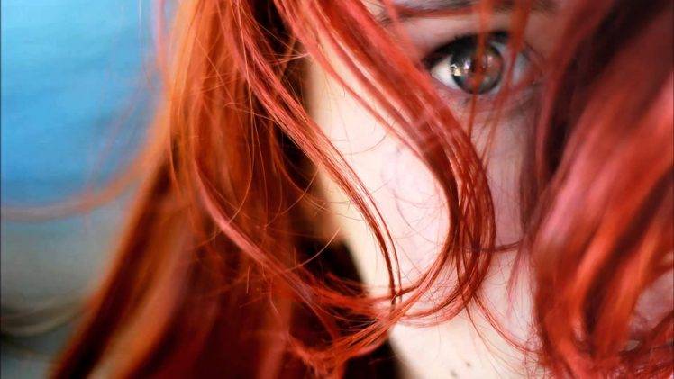 women model redhead face blue eyes closeup long hair depth of field HD Wallpaper Desktop Background