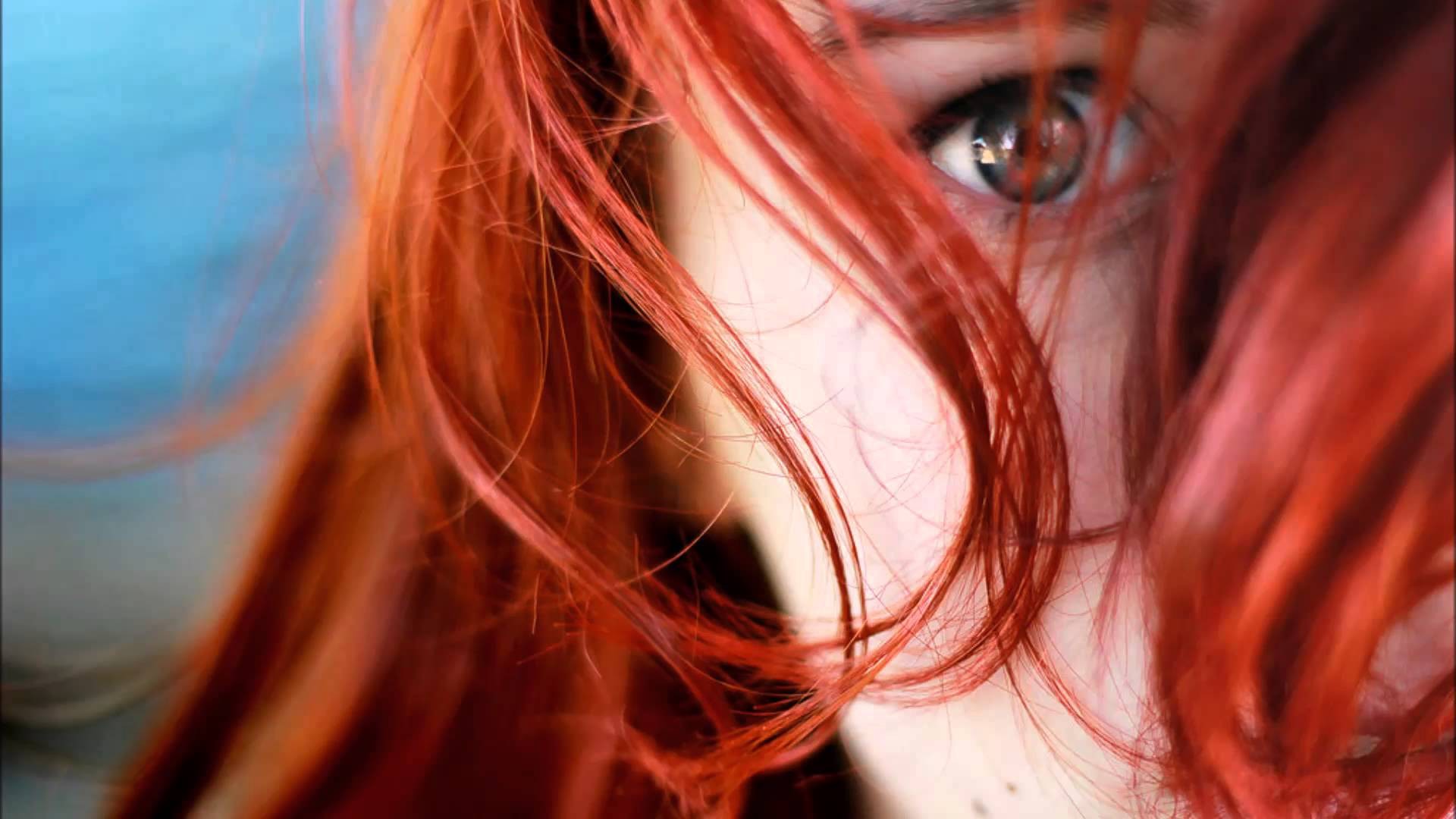 women model redhead face blue eyes closeup long hair depth of field Wallpaper