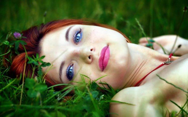 women model redhead face women outdoors blue eyes lipstick field grass dyed hair freckles eyeliner necklace HD Wallpaper Desktop Background