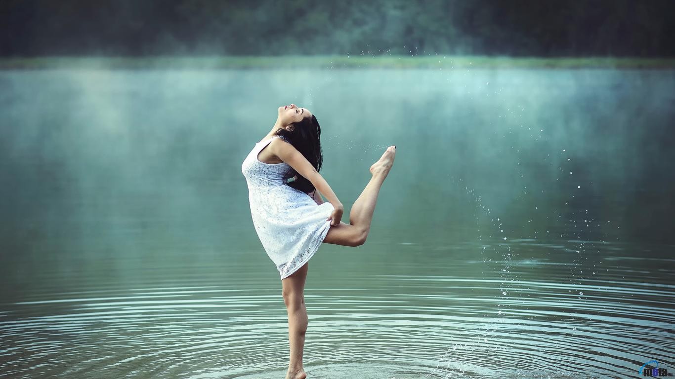 nature water women dancing brunette white dress closed eyes Wallpaper