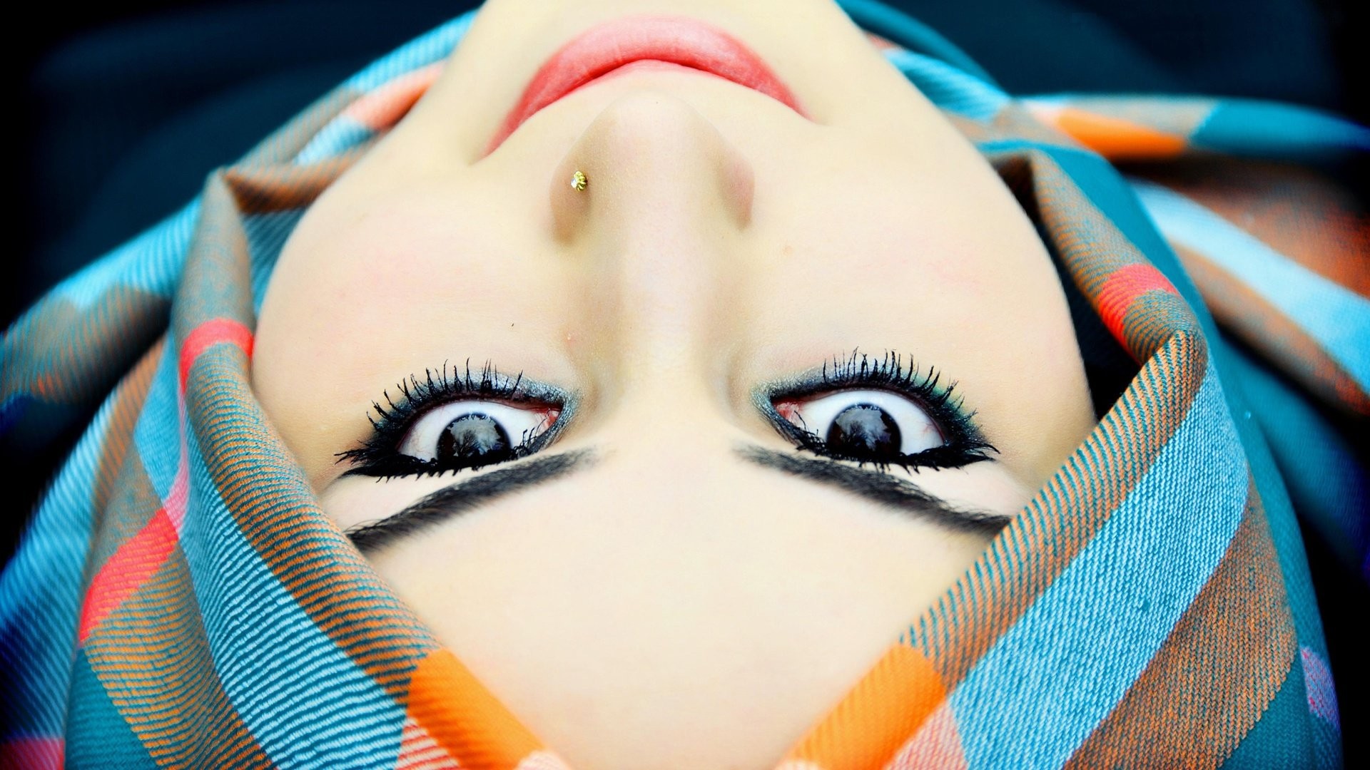 women model smiling face black eyes piercing upside down hijabs Wallpapers HD / Desktop and 