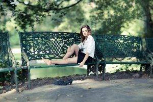 women model brunette long hair women outdoors sitting barefoot blouses bench park trees