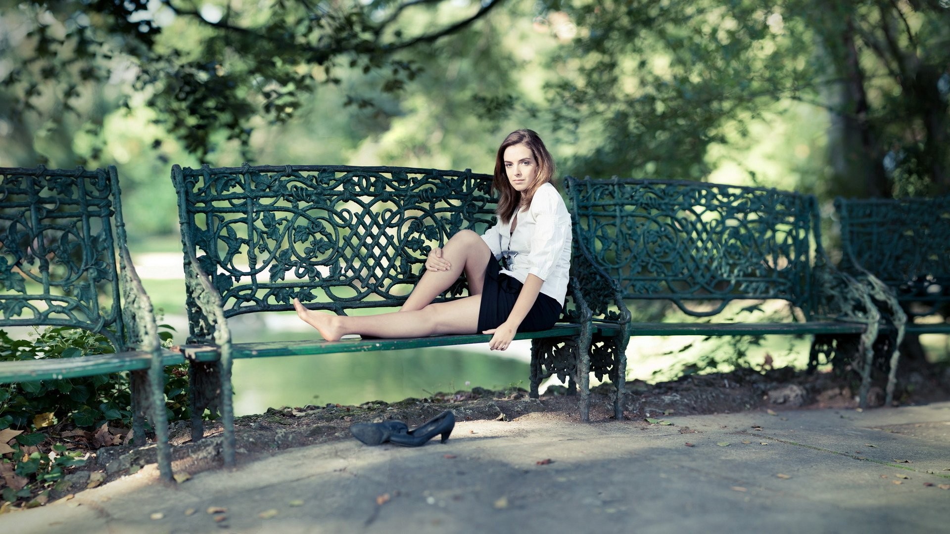 women model brunette long hair women outdoors sitting barefoot blouses bench park trees Wallpaper