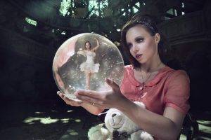 women model brunette long hair women outdoors open mouth sphere ball ballerina teddy bears photo manipulation