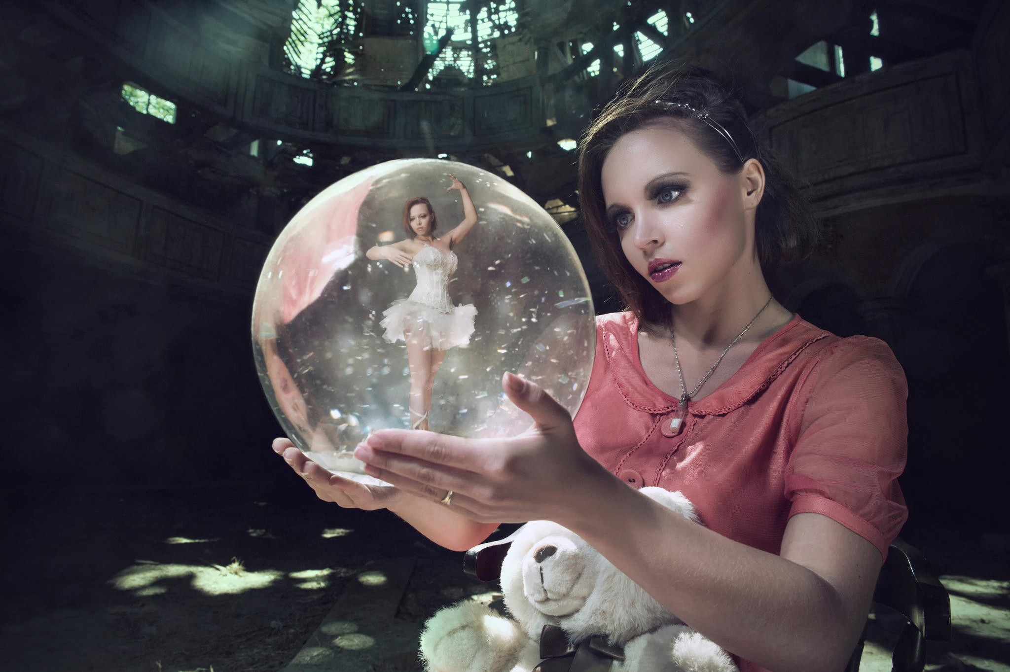 women model brunette long hair women outdoors open mouth sphere ball ballerina teddy bears photo manipulation Wallpaper