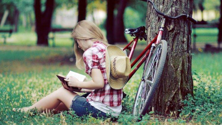women model blonde women outdoors sitting reading jean shorts shirt cowboy hats bicycle trees park grass HD Wallpaper Desktop Background