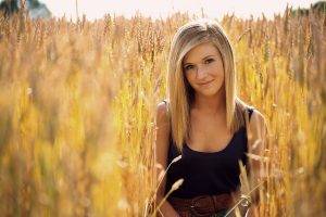 women model blonde women outdoors tank top field grain spikelets smiling belt