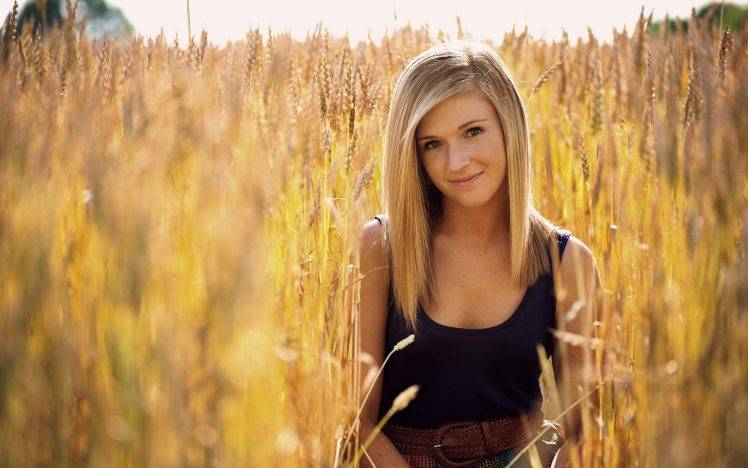 women model blonde women outdoors tank top field grain spikelets smiling belt HD Wallpaper Desktop Background