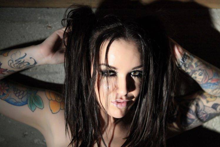 model women brunette makeup tattoo lipstick brown eyes eyeliner hands on head armpits HD Wallpaper Desktop Background