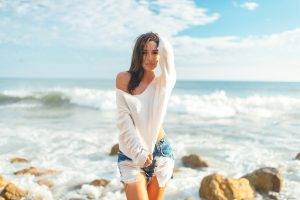 women brunette women outdoors beach jean shorts michele maturo