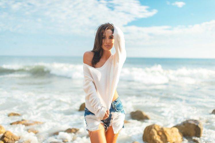 women brunette women outdoors beach jean shorts michele maturo HD Wallpaper Desktop Background