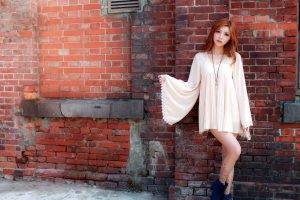 women model long hair asian redhead open mouth white dress women outdoors bricks
