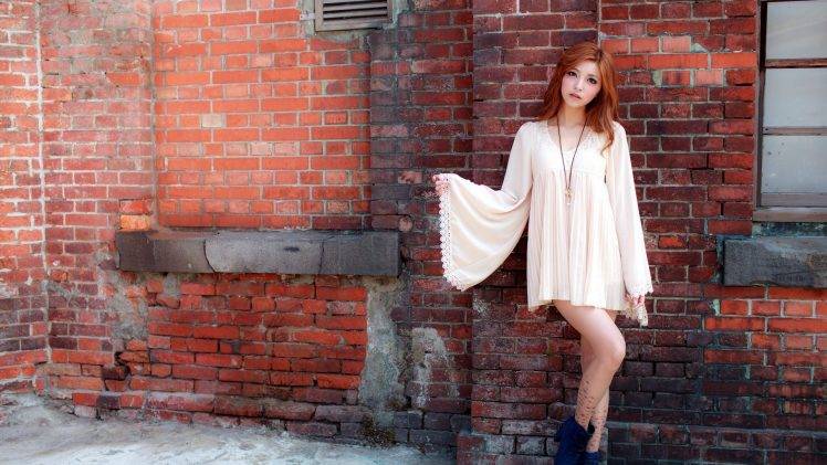 women model long hair asian redhead open mouth white dress women outdoors bricks HD Wallpaper Desktop Background