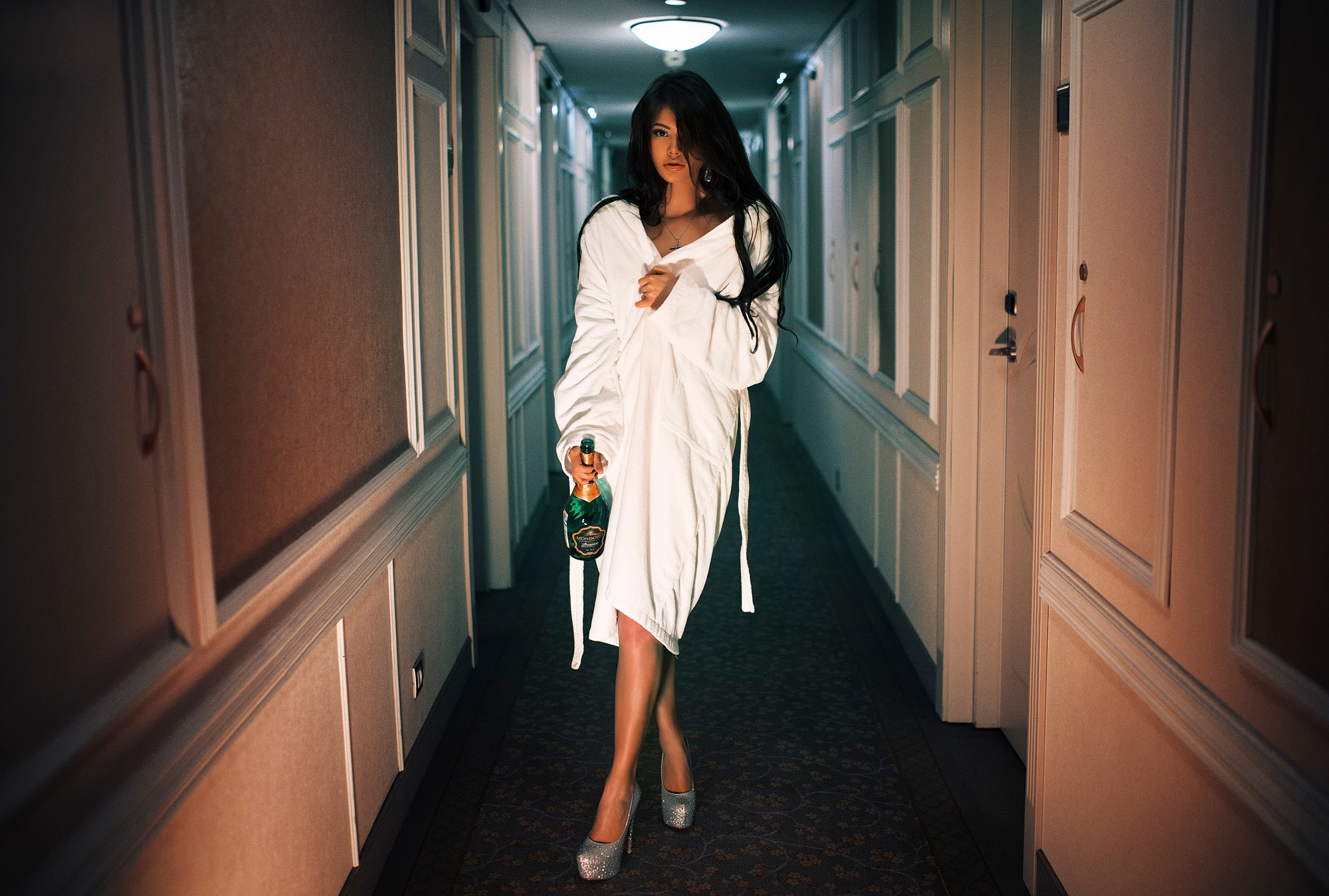 women model brunette long hair open mouth bathrobes high heels hallway champagne bottles Wallpaper