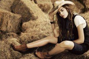 women model brunette long hair women outdoors straw cowboy hats boots black outfits sitting clara alonso