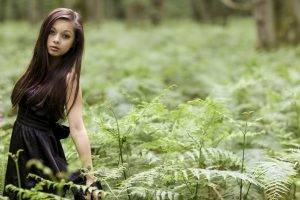 women model brunette long hair women outdoors ferns field plants