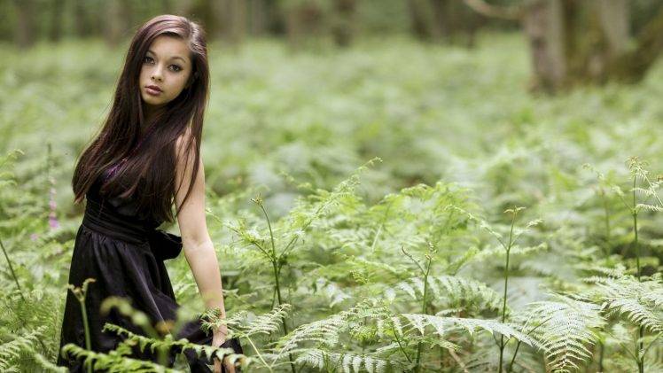 women model brunette long hair women outdoors ferns field plants HD Wallpaper Desktop Background