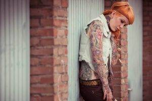 women long hair model tattoo redhead headband jeans piercing garages women outdoors