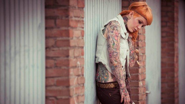 women long hair model tattoo redhead headband jeans piercing garages women outdoors HD Wallpaper Desktop Background
