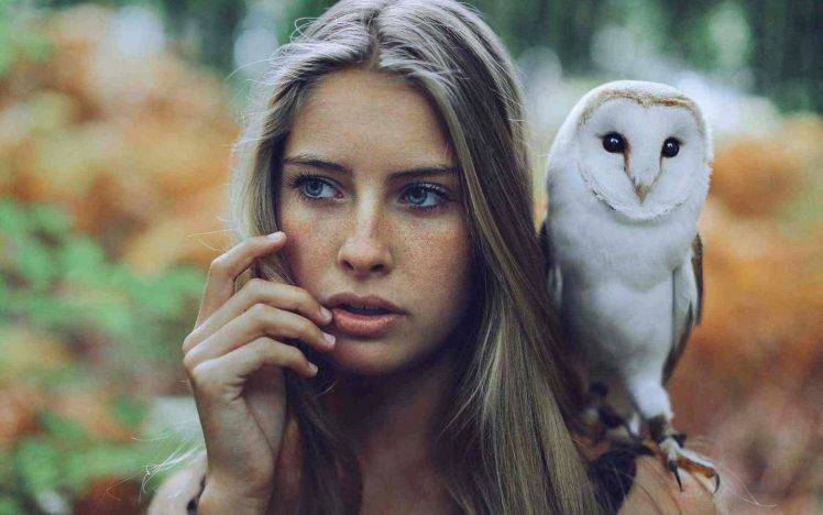 women animals owl blonde face blue eyes camille rochette HD Wallpaper Desktop Background