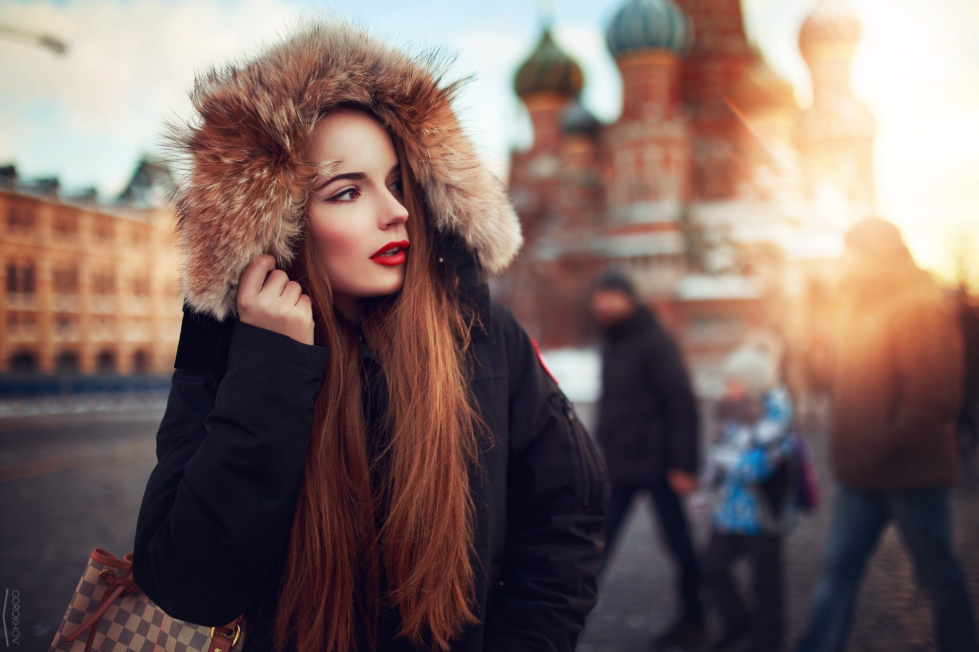 model russian women women outdoors moscow depth of field ivan gorokhov women redhead long hair kremlin russia looking away fur fur coats blurred sunlight red lipstick Wallpaper