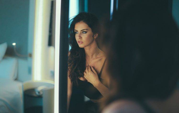 Model Anime Eyeliner Reflection Mirror Women Looking Away