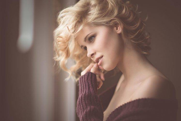 women model blonde face wavy hair smiling sweater HD Wallpaper Desktop Background