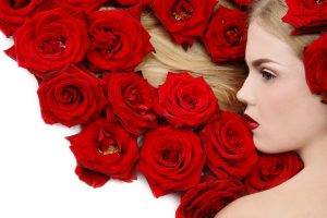 women model blonde face red lipstick blue eyes flowers rose profile white background red flowers