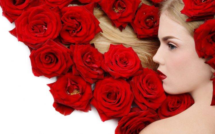 women model blonde face red lipstick blue eyes flowers rose profile white background red flowers HD Wallpaper Desktop Background