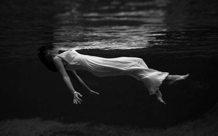 women brunette white dress monochrome underwater HD Wallpaper Desktop Background