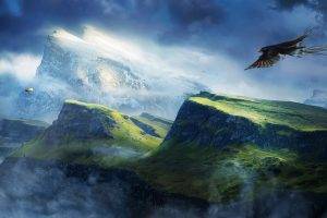 mountain eagle bird of prey sky clouds zeppelin