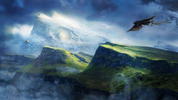 mountain eagle bird of prey sky clouds zeppelin HD Wallpaper Desktop Background