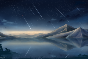 fantasy art concept art artwork meteors mountains lake reflection stars dog
