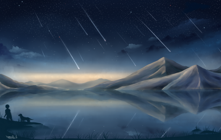 fantasy art concept art artwork meteors mountains lake reflection stars dog HD Wallpaper Desktop Background