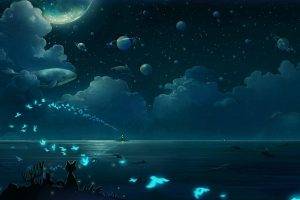 butterfly clouds night moonlight planet whale cat fish animals birds