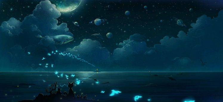 butterfly clouds night moonlight planet whale cat fish animals birds HD Wallpaper Desktop Background
