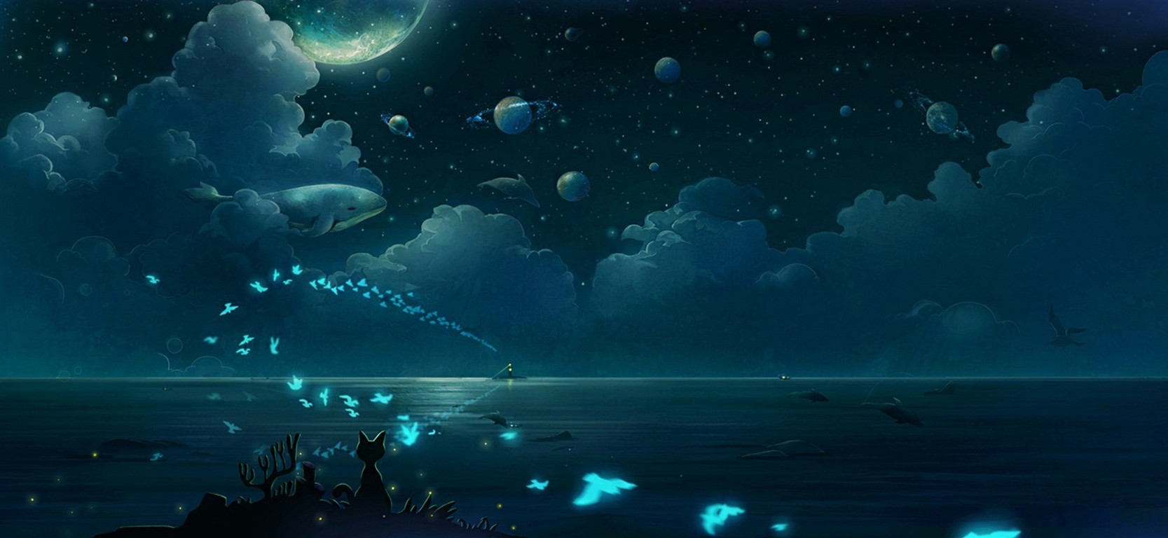 butterfly clouds night moonlight planet whale cat fish animals birds Wallpaper